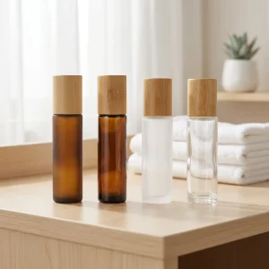 10 15ml Bamboo Roll on Bottle Clear Amber Frosted Perfume Essential Oil Roller Bottle