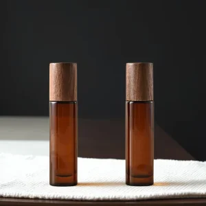 10ML Cylinder Glass Black Walnut Essential Oil Roller Bottle with Screen Printed Design and Natural Black Walnut Wood Cap