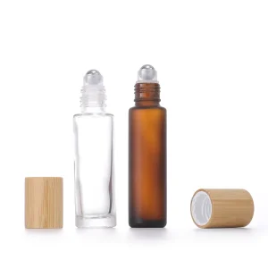 10ml 15ml Roll on Glass Roller Bottle Bamboo Amber Frosted Deodorant Packaging with Wooden Lid for Essential Oils