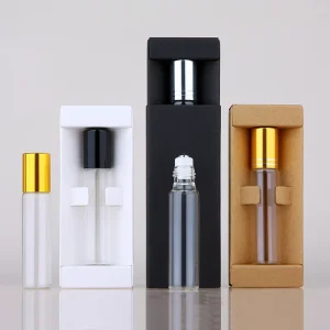 10ml Essential Oil Perfume Roll on Glass Roller Bottle Gold Silver Black with Pump Cap Screen Printing Box Packaging Included