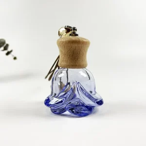 10ml Flower Shaped Blue Glass Car Hanging Perfume Bottle Refillable with Wooden Cap
