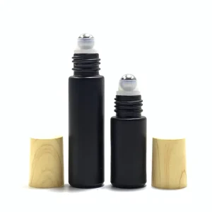 10ml Frosted Black Glass Roller Bottle Cosmetic Roll on Ball Essential Oil Bottle with Plastic Bamboo Printing Cap