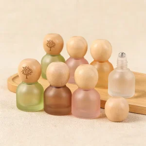 10ml Frosted Glass Roll on Perfume Bottle Wooden Cap Leakproof Essential Oil Bottle OEM Custom Logo Color Size
