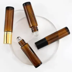 10ml Glass Roll Bottles Amber Color Cosmetic Roller Balls Sample Test Screen Printed Eco Friendly for Essential Oils