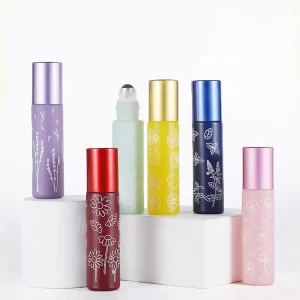10ml Roll On Glass Bottle Refillable Frosted Perfume Roller Bottle with Flower Printing