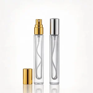 10ml Transparent Glass Aromatherapy Perfume Bottle with Pump Sprayer and Silver Black Gold Cap Round Shape