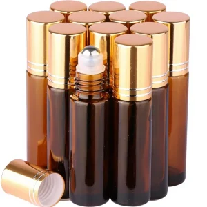 12 Pack Cylindrical Frosted Essential Oil Roll on Bottles Amber Glass Alloy Caps Refillable Travel Perfume