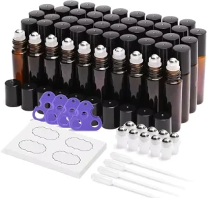 24 Pack Essential Oil Roller Bottles 10ml Empty Bottles Stainless Steel Glass Roller Balls Waterproof Labels Amber Cosmetic Use