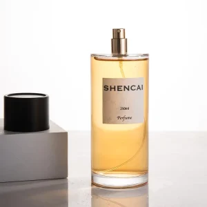 250ml Glass Cylinder Room Perfume Bottle with Transparent Custom Logo Printed Cap Pump Sprayer Sealing Type
