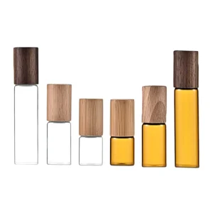3-10ml Cylindrical Glass Perfume Roll On Bottle with Bamboo & Wood Cover Rolling Beads Essence Oil and Spray Color
