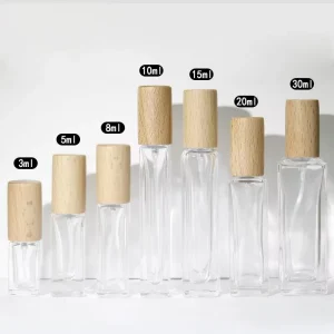 3/5/10/15ml Square Perfume Bottle with Wooden Lid Glass Perfume Bottle Refillable Spray Atomizer