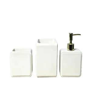 3-Piece White Matte Polyresin Bathroom Accessories Set Modern Square Bath Kit with Soap Dispenser Toiletbrush Holder Tumbler