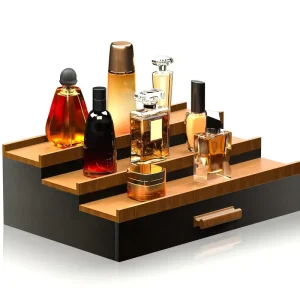3-Tier Black Walnut Wooden Cologne Stand with Drawer for Men or Woman Wooden Display Stand Perfume