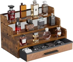 3-Tier Wooden Cologne Stand Drawer Retro Men’s Perfume Organizers Rustic Brown Storage Riser Shelf for Skincare & Makeup Display