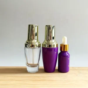 30 ml Thick Base Custom Painted Purple Color Glass Skin Care Pump Bottle Facial Serum Oil with Treatment Gold Pump and Dropper
