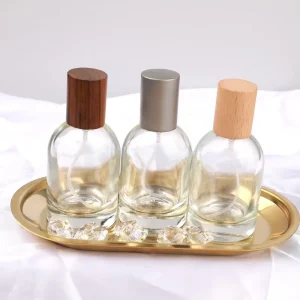 30ml/50ml Clear Glass Perfume Bottles with Wood Cap Portable Refillable Spray Atomizer for Cosmetic Aromatherapy