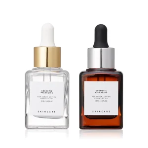30ml Transparent Thick Bottom Glass Essential Oil and Cosmetic Essence Square Dropper Bottle with Hot Stamping and Custom Logo