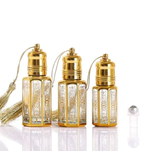 3ml 6ml 12ml Thin Octagon Golden Arabian Oud Attar Fragrance Perfume Oil Glass Bottle with Roller Ball and Stick