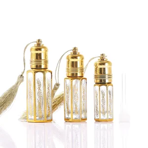 3ml 6ml 12ml Thin Octagon Golden Arabian Oud Attar Fragrance Perfume Oil Glass Bottle with Roller Ball and Stick