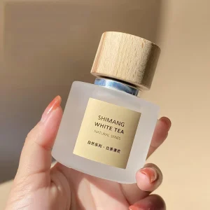 50ML Clear Frosted Round Cylinder Glass Perfume Bottle Wooden Cap with Gift Box Pump Sprayer