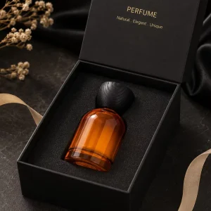 50ml Amber Glass Fragrance Bottle with Stylish Black Wood Pattern Cap for Luxury Scents Cosmetic Packaging