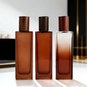 50ml Gradient Brown Glass Perfume Bottle with Wooden Cap Luxury Empty Refillable Spray Bottle for Cosmetic Packaging