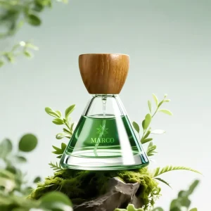 50ml Perfume Bottle in Stock Conical Push-button Spray Bottle with Wooden Perfume Cap