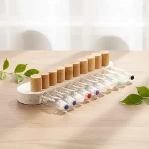5ml 10ml Clear Glass Cylinder Roll On Bottle with Natural Bamboo Cap Gemstone Roller for Essential Oil and Perfume