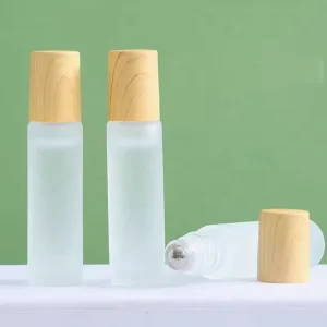 5ml 10ml Frosted Cylinder Shape Glass Roll on Bottle for Essential Oils Plastic Wood Grain Lid Screw Cap for Perfume