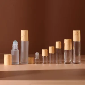 5ml 10ml Matte Glass Roll on Bottles with Wood Grain Cap for Essential Oil Perfume & Transparent Sub Bottling