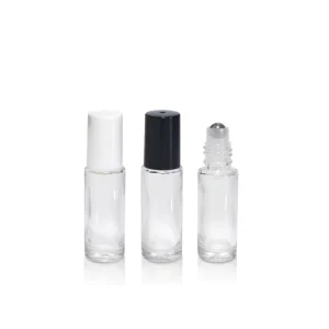 5ml Clear Glass Roll-On Perfume Oil Bottle with Stainless Steel Glass Roller Ball and White Black Caps in Stock