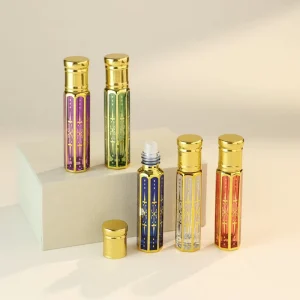 5ml Octagonal Roll on Perfume Glass Bottle Gold Electroplated Pattern Empty Essential Oil Roller Bottle with Cap
