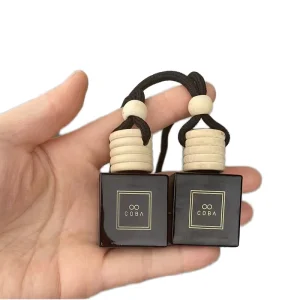 8ml Matte Black Square Empty Mini Aromatherapy Essential Oil Car Pendant Black Rope Car Pendant Perfume Bottle with Wooden Cap