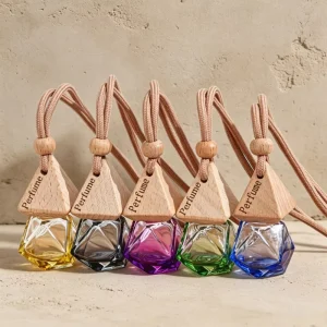8ml Mini Car Hanging Aroma Glass Bottle Custom Print Natural Wood Cap Multi Color Empty Car Fragrance Diffuser Jar