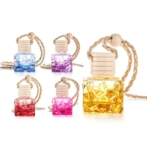 8ml Square Glass Car Perfume Bottle Colorful Hanging Air Freshener Diffuser with Wood Cap and Rope for Auto Decoration