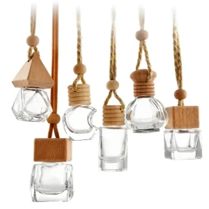 Advanced Sense Car Aromatherapy Glass Perfume Bottle Pendant with Wooden Collar and Cover Transparent Empty Bottle