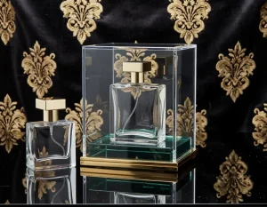 Available 30ml 50ml 100ml Square Transparent Glass Perfume Bottle Press Spray Bottle with Gold Square Lid
