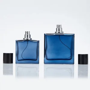 Blue Glass Men’s Perfume Bottle 50ml-100ml Square with Custom Packaging Box and Spray Fragrance Bottle