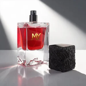 Burgundy Perfume Packaging Polished Perfume Bottle with Crystal Volcano 50mL Black Cement textured Lid