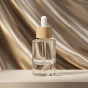 Clear Frosted Glass Dropper Bottle with Natural Beech Wood Cap Custom Logo Serum Essential Oil Packaging