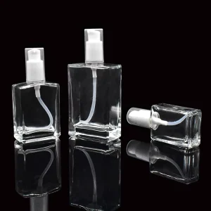Clear Rectangle Glass Bottles with Pump Caps 30ml 50ml 100ml Refillable Lotion and Cosmetic Packaging Glass Bottles