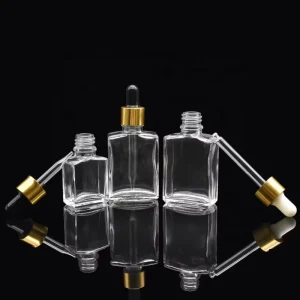 Clear Transparent Glass Rectangle Cosmetic Bottles 15ml 30ml Hair Oil Beard Oil Bottles With Silver Golden Dropper