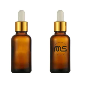 Cosmetic 20ml Amber Glass Aromatherapy Bottle with Pipette White & Gold Collar