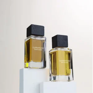 Cosmetics Pressurized Spray Unique Custom Wood Cap Black Pump 100ml Clear Square Glass Perfume Bottle Fragrance Bottle