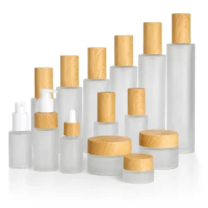 Cost Effective Cosmetic Packaging Luxury Frosted Glass Cosmetic Bottle With Wood Grain Cap Skincare Packaging Set
