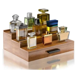 Countertop Cologne Holder Display Shelf 3 Tier Wooden Cologne Stand Organizer with Hidden Drawer for Men