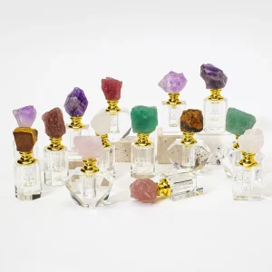 Crystal Crafts Natural Crystal Raw Stone Perfume Bottle Gemstone Cap Glass Bottle Body Healing Reiki Home Decor