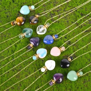Crystal Healing Stone Perfume Bottle Pendant Polished Heart Essential Oil Bottle Necklace