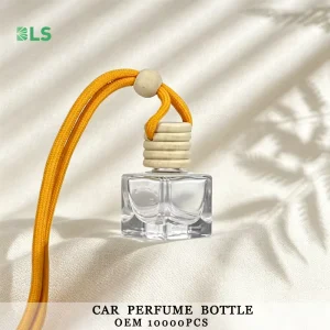Custom 10ml Empty Car Perfume Bottle Transparent Square Hanging Car Diffuser Bottle with Wooden Cover MOQ10000PCS