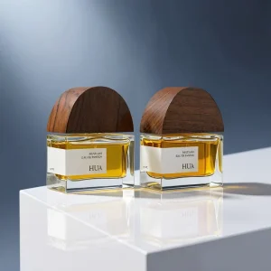 Custom 50ml Wide Flat Square Perfume Spray Bottle with Semicircular Wooden Cap OEM Custom Logo Available